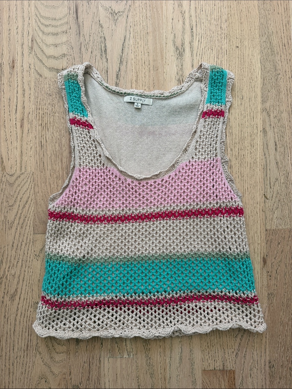 Z Supply Beige Crochet Tank with Pink & Teal Stripes
